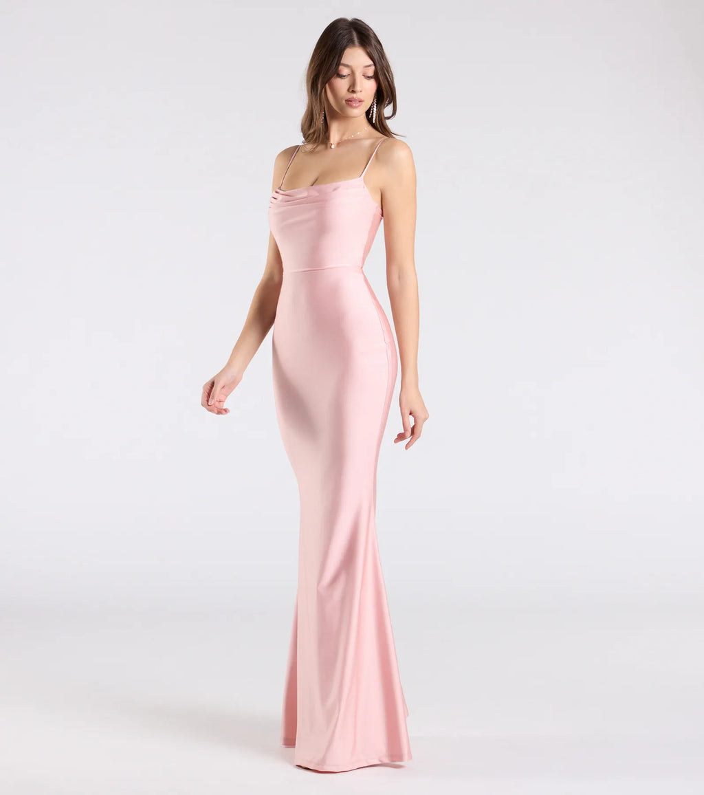 Delia Formal Cowl Neck Long Dress